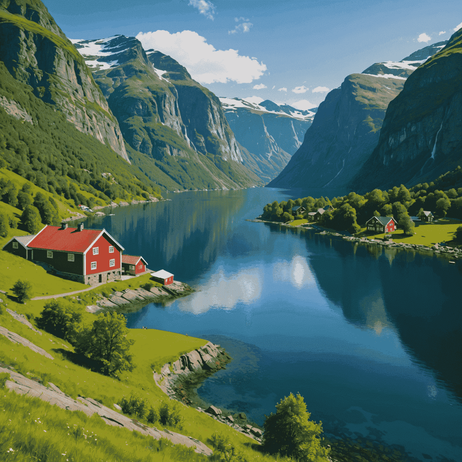 A panoramic view of a majestic Norwegian fjord, with steep, lush green cliffs rising from the tranquil blue waters, and a charming red wooden cottage nestled at the base of the mountains.