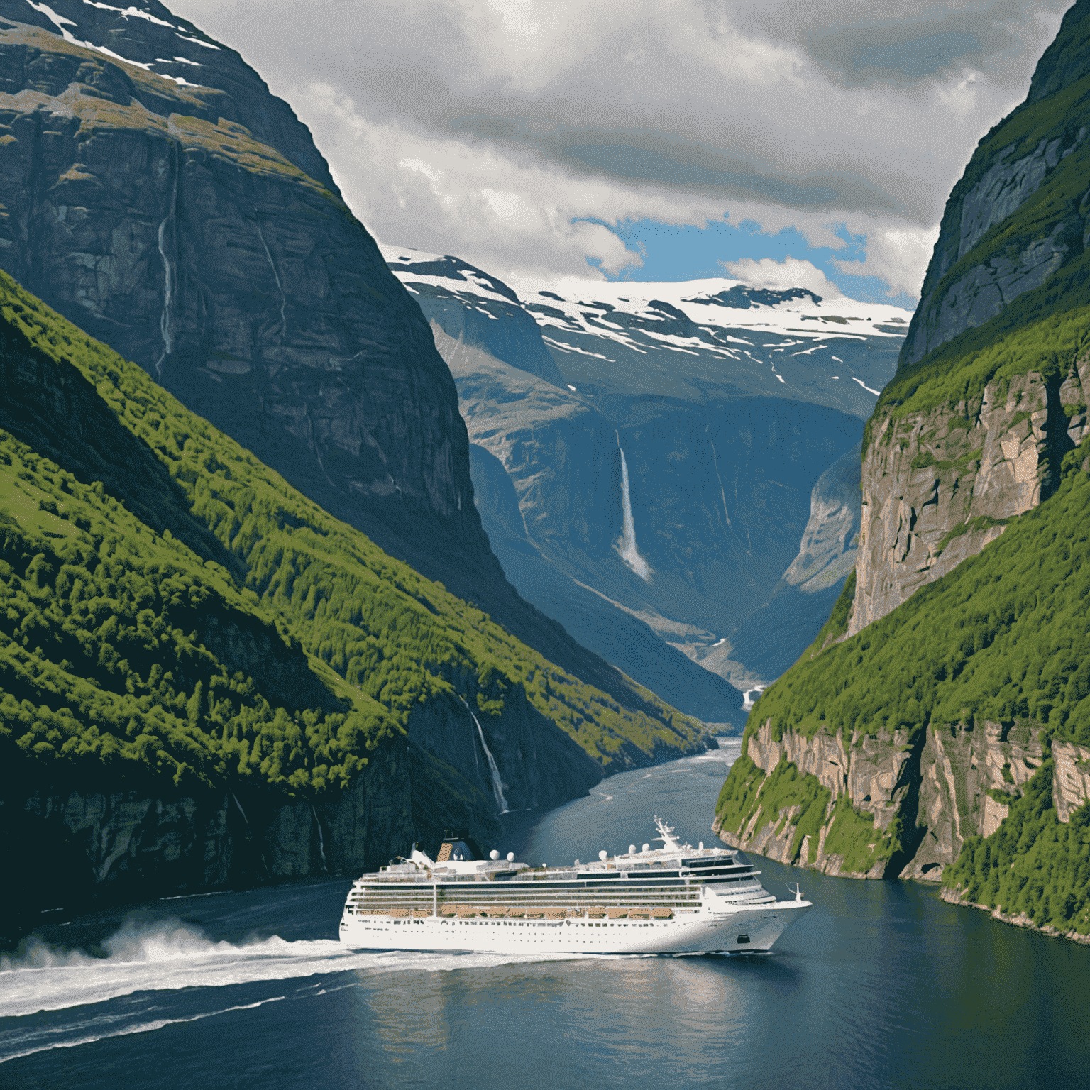 A cruise ship sailing through the majestic Geirangerfjord, surrounded by towering cliffs and cascading waterfalls. Passengers on the deck admire the breathtaking scenery of this iconic Norwegian fjord.