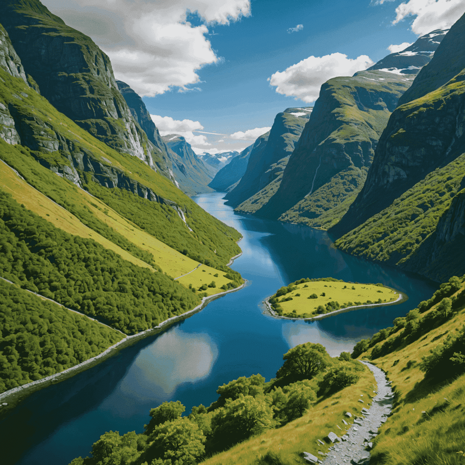 A scenic hiking trail winding through the lush green mountains surrounding the narrow Nærøyfjord, with crystal clear blue waters reflecting the majestic landscape.