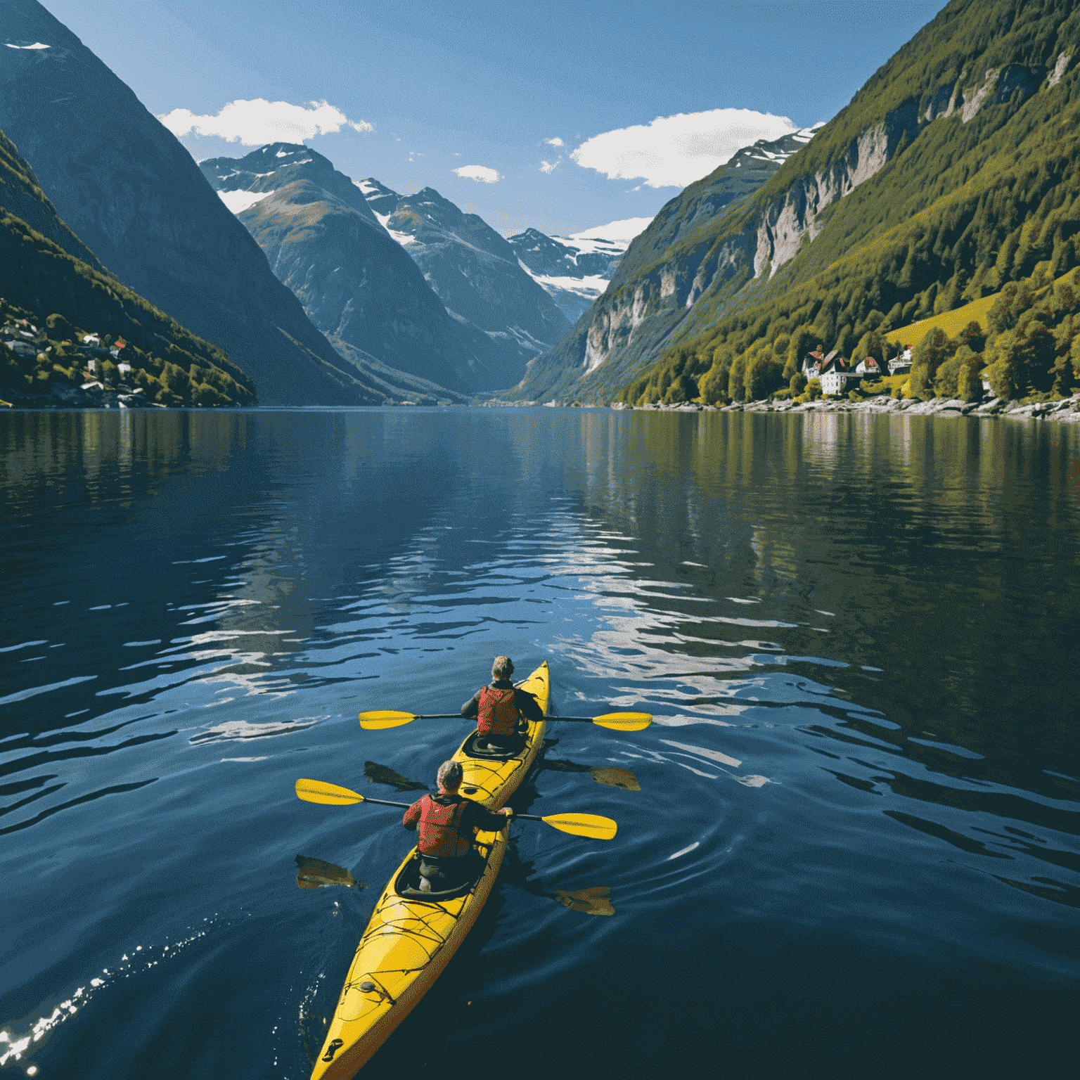 Kayakers paddling through the serene waters of Sognefjord with majestic mountains in the background