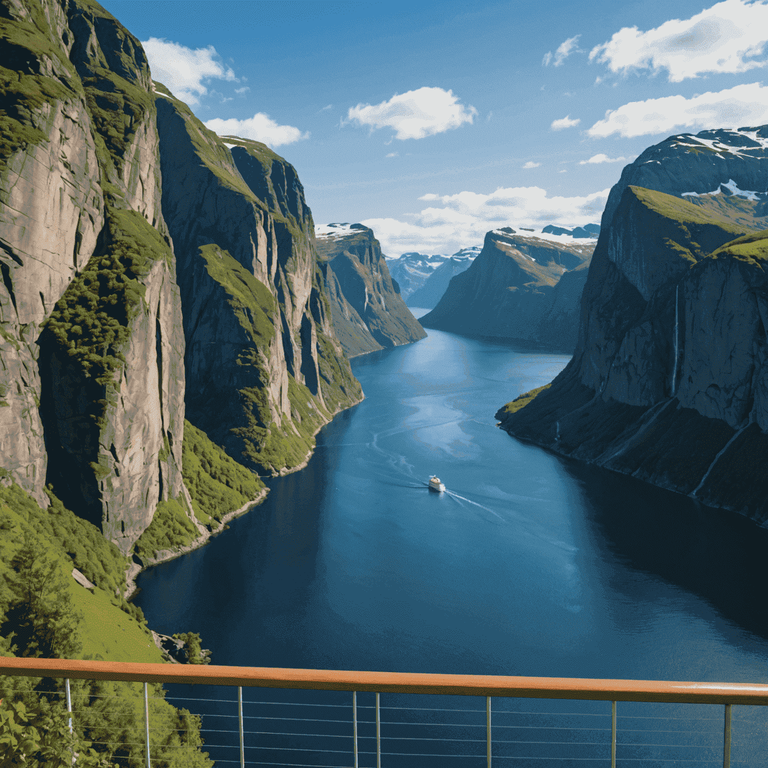 A stunning view of a Norwegian fjord with towering cliffs and pristine blue waters, as seen from the deck of a cruise ship.