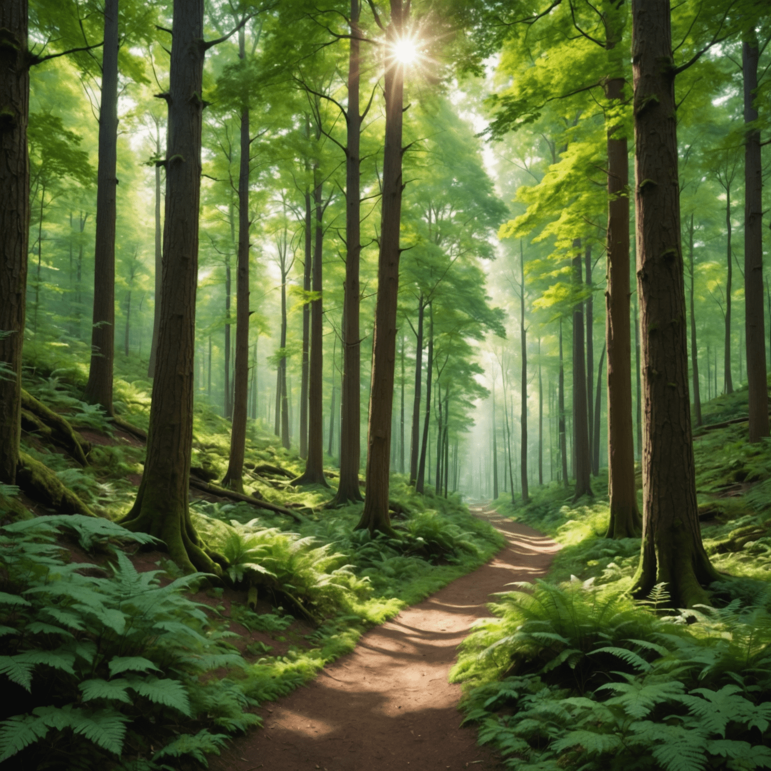 A scenic hiking trail winding through a lush, green forest with tall trees and dappled sunlight filtering through the canopy