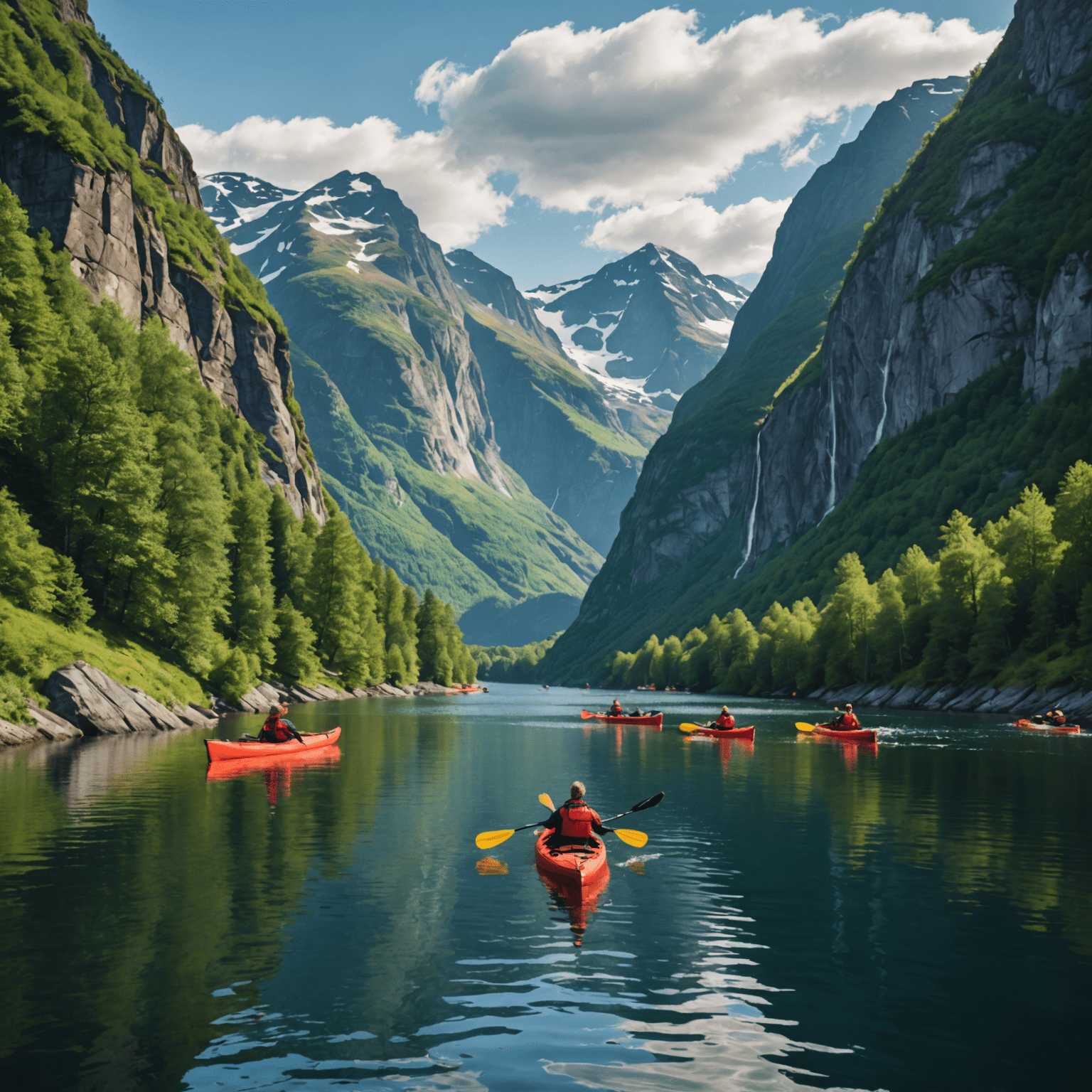 A group of kayakers paddling through a serene Norwegian fjord surrounded by majestic mountains and lush greenery