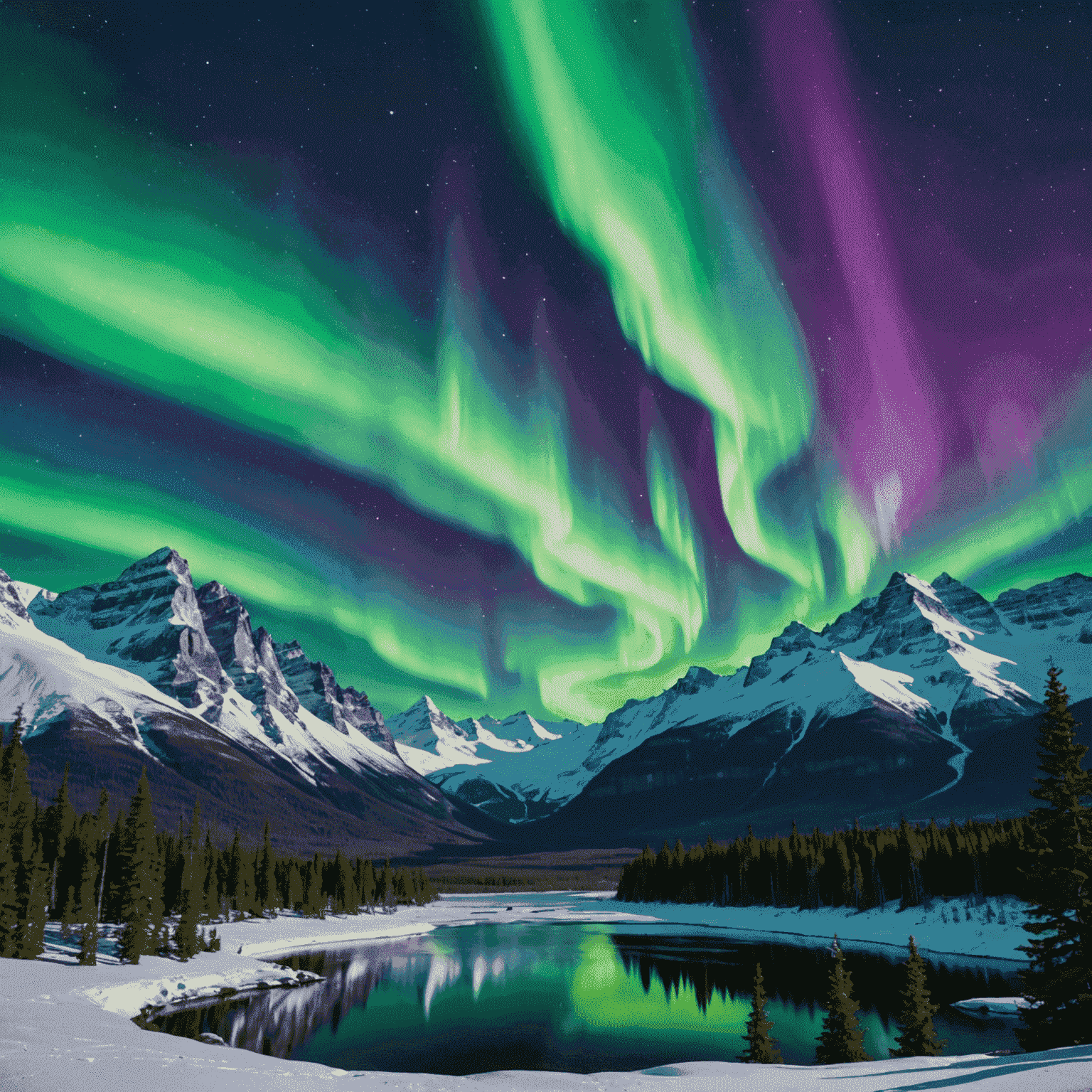 A breathtaking view of the vibrant green and purple aurora borealis dancing across the night sky, with snow-covered mountains in the background