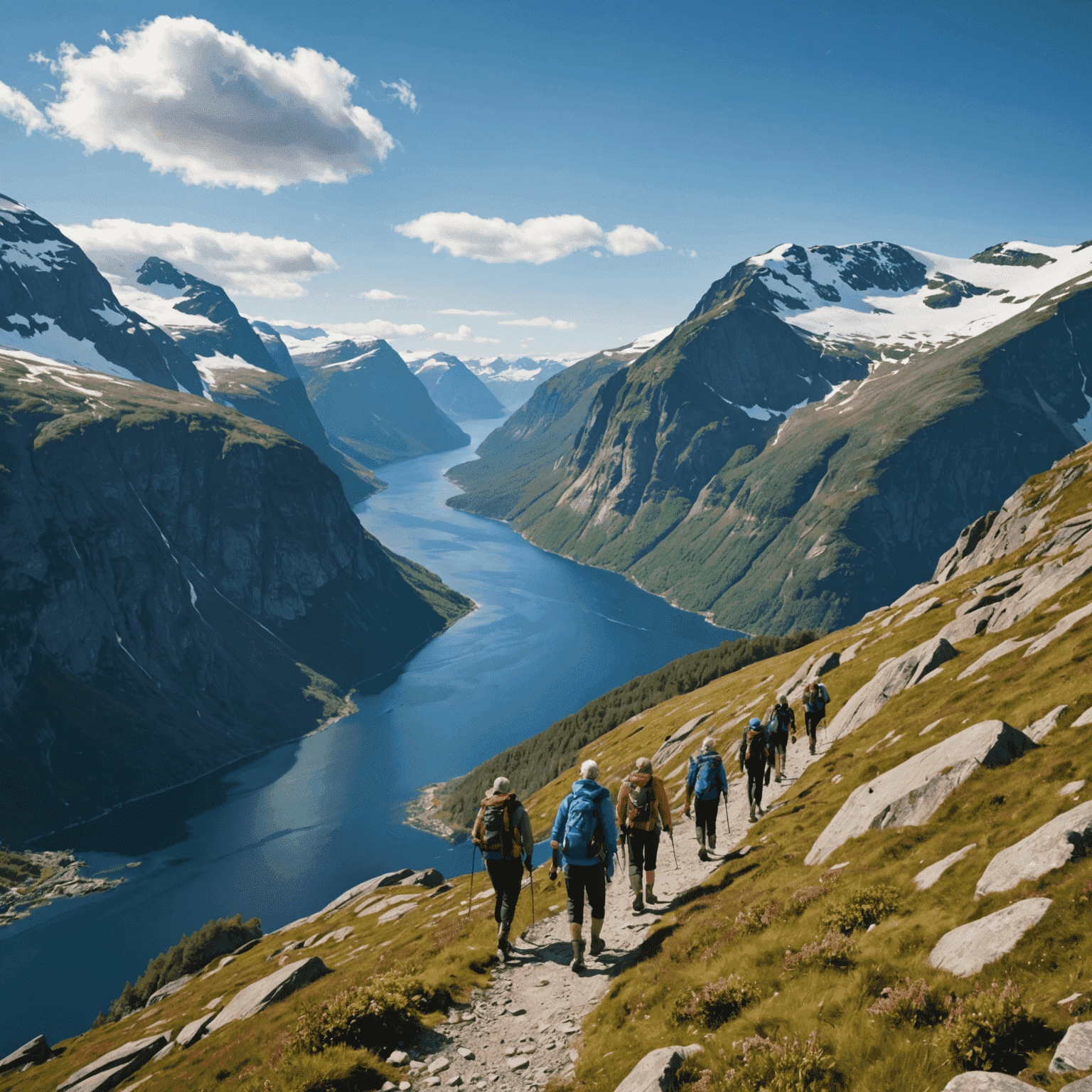 A group of hikers trekking along a scenic trail high above a Norwegian fjord, with snow-capped peaks in the distance.