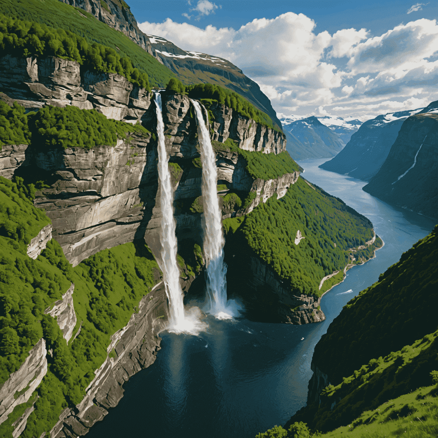 The Seven Sisters waterfall cascading down the steep cliffs of the Geirangerfjord, creating a stunning display of natural beauty.