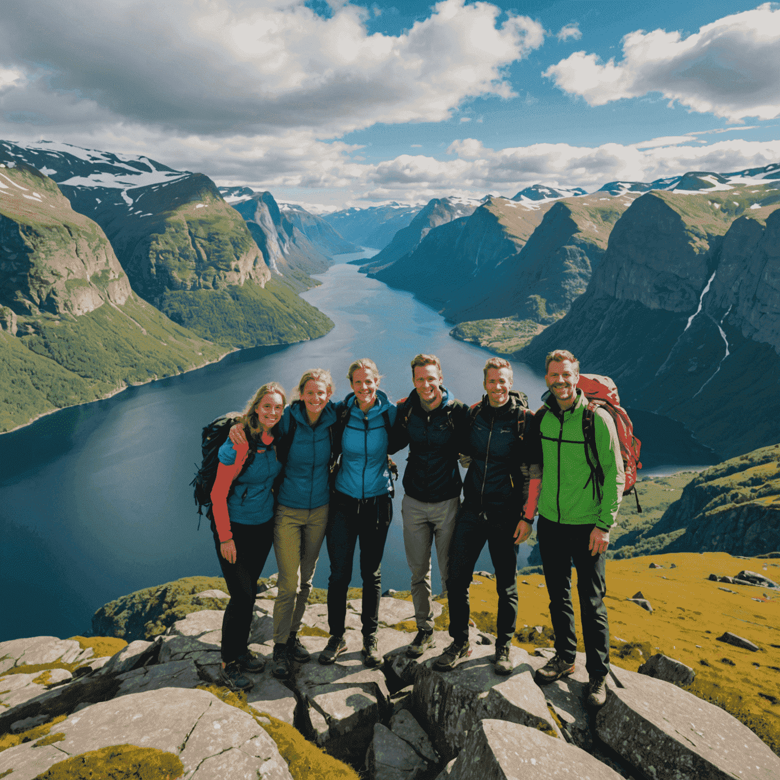 A group of happy hikers posing together on a rocky outcrop overlooking the stunning Nærøyfjord, with the fjord's clear waters and steep, green mountainsides visible in the background.