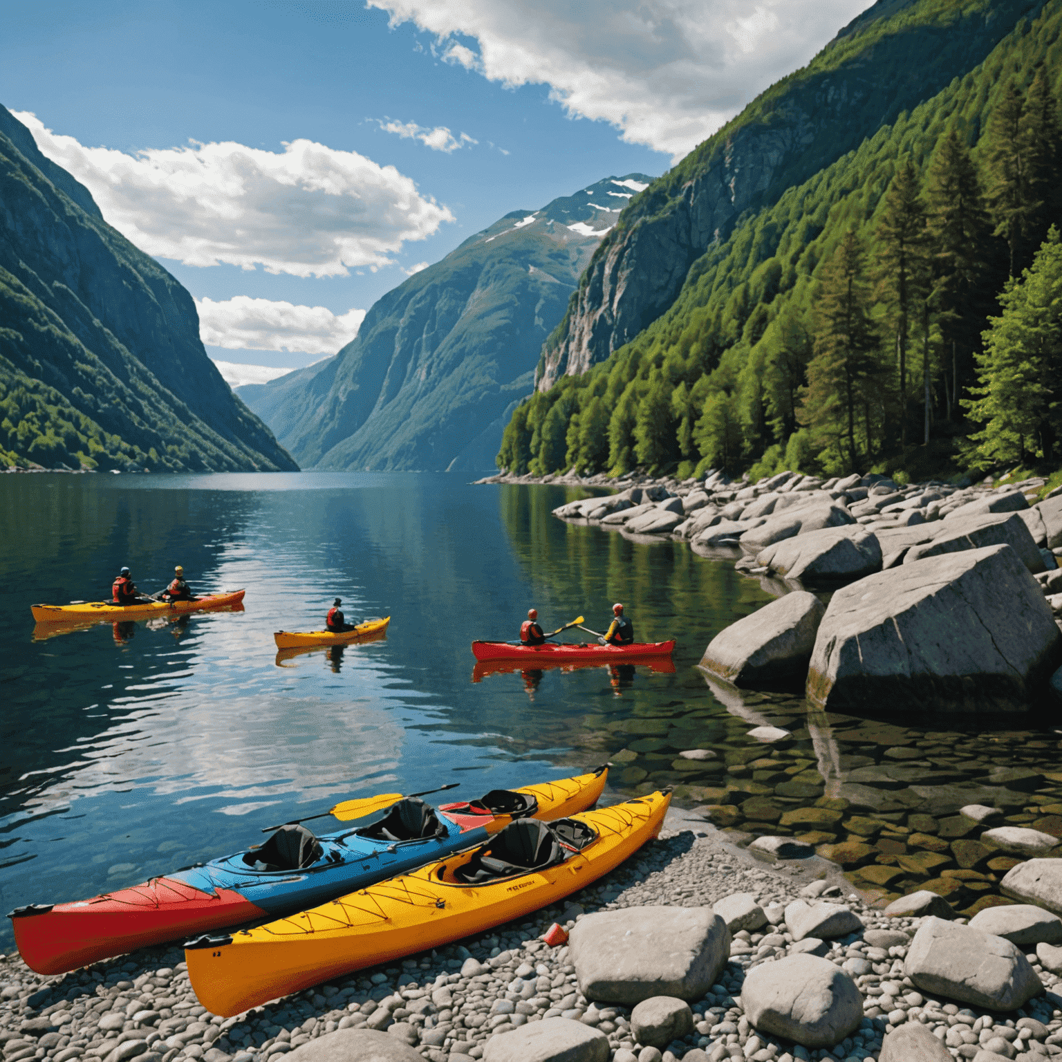 A group of kayakers taking a break on a picturesque rocky shore of Sognefjord