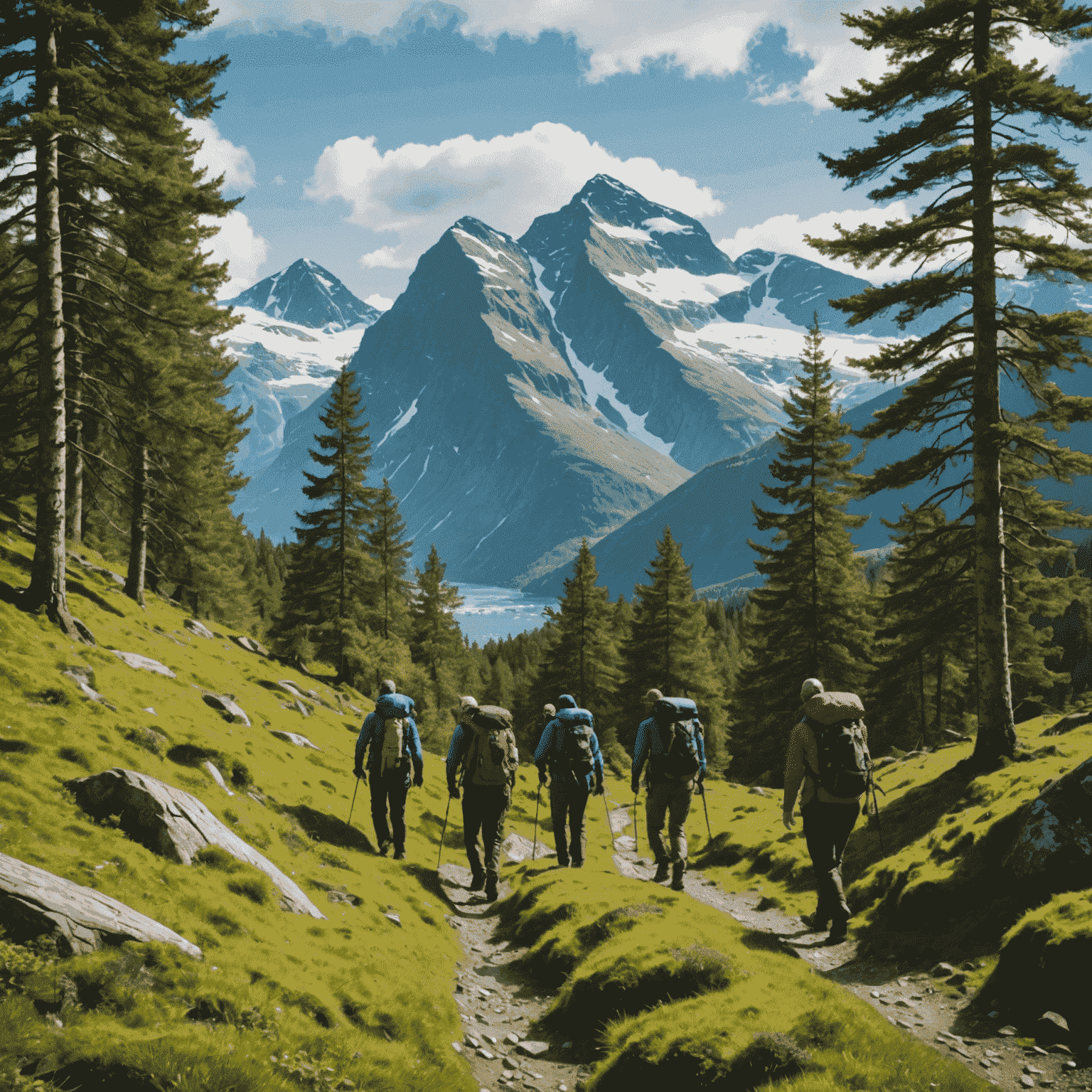 A group of hikers trekking through a lush green forest with a backdrop of snow-capped mountains in Norway.