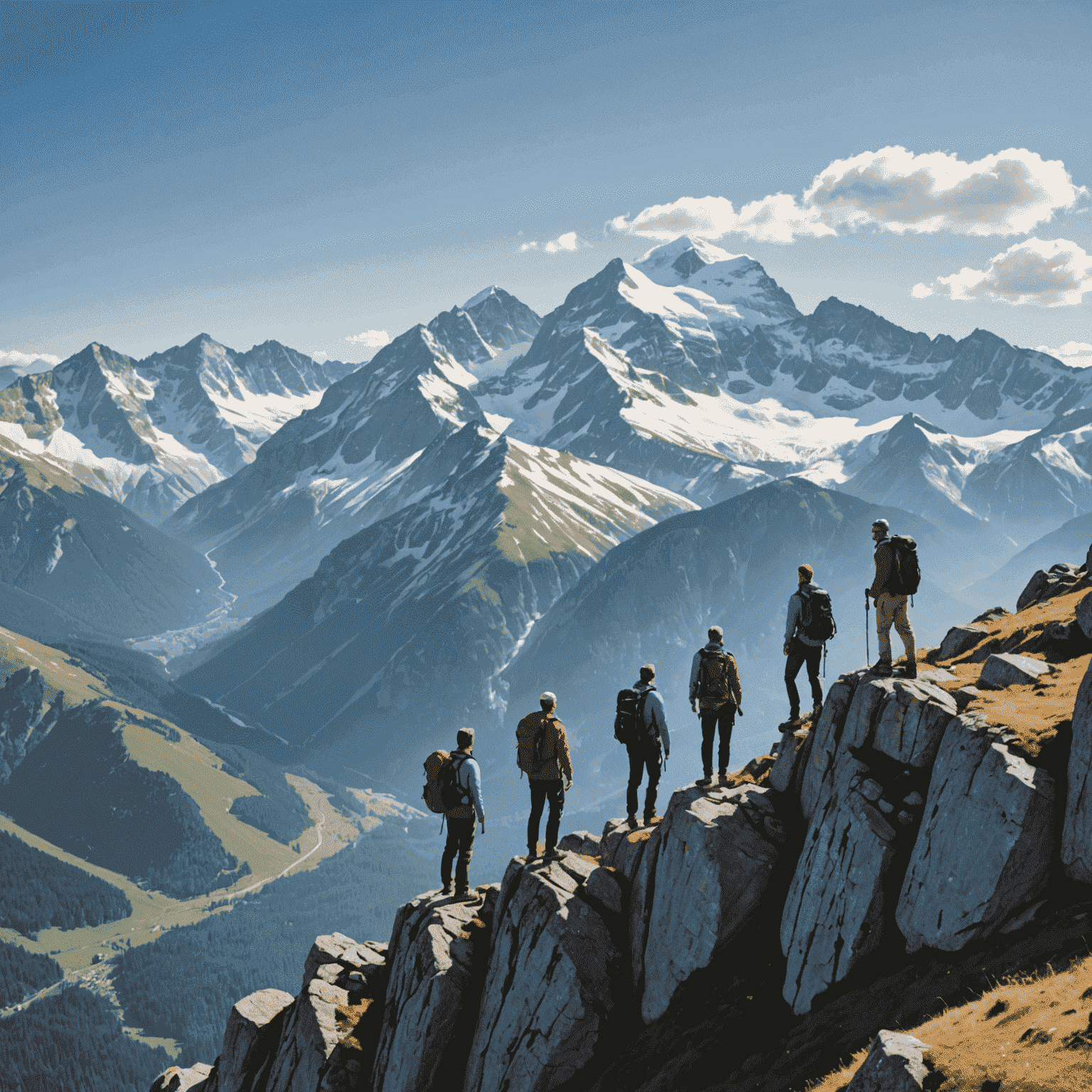 A group of happy hikers standing on a rocky outcrop, enjoying a stunning mountain vista with snow-capped peaks in the distance