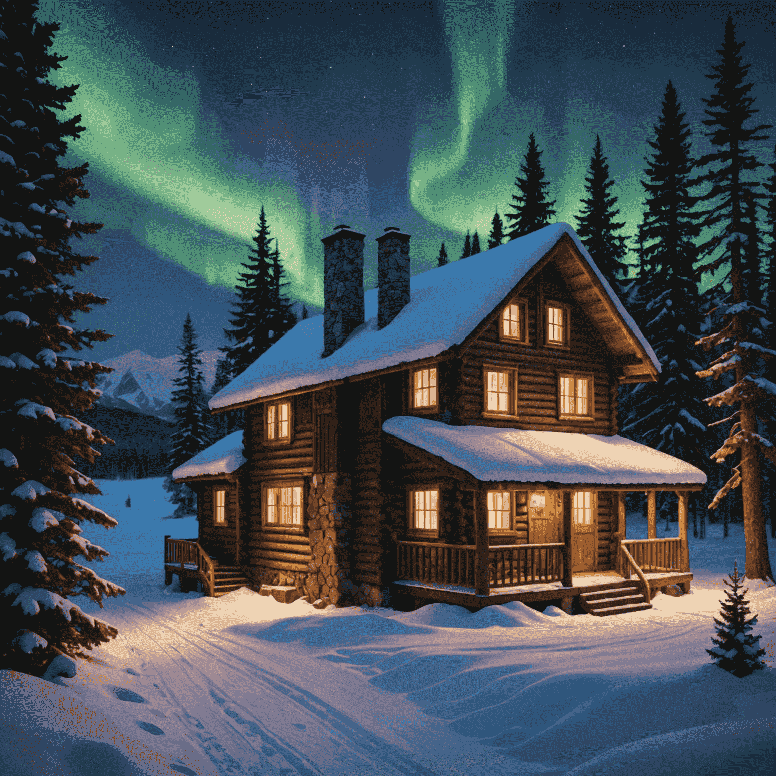 A charming, rustic cabin nestled in a snowy landscape, with warm light glowing from the windows, creating an inviting atmosphere for Northern Lights viewing