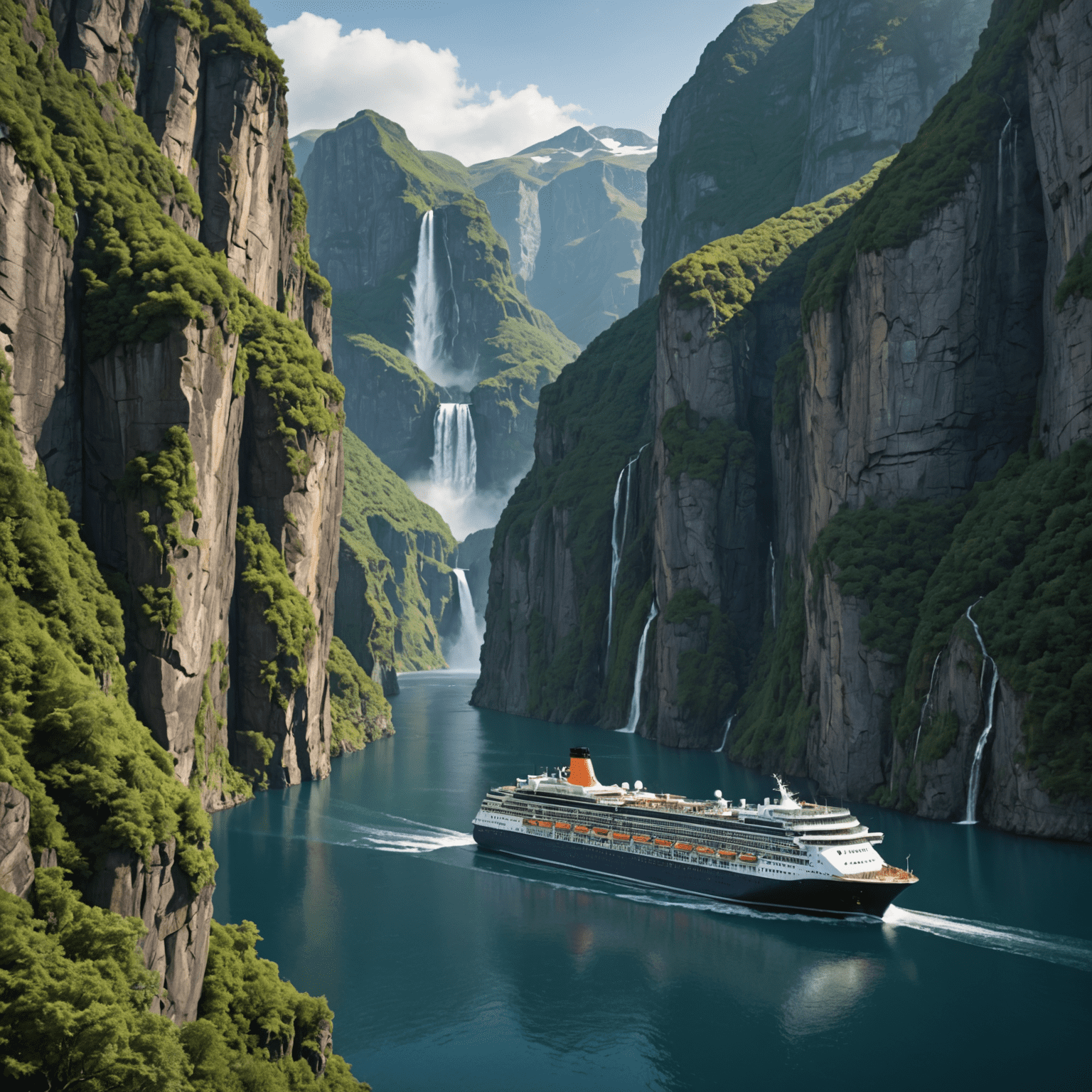 A cruise ship sailing through a narrow fjord, surrounded by towering cliffs and cascading waterfalls.