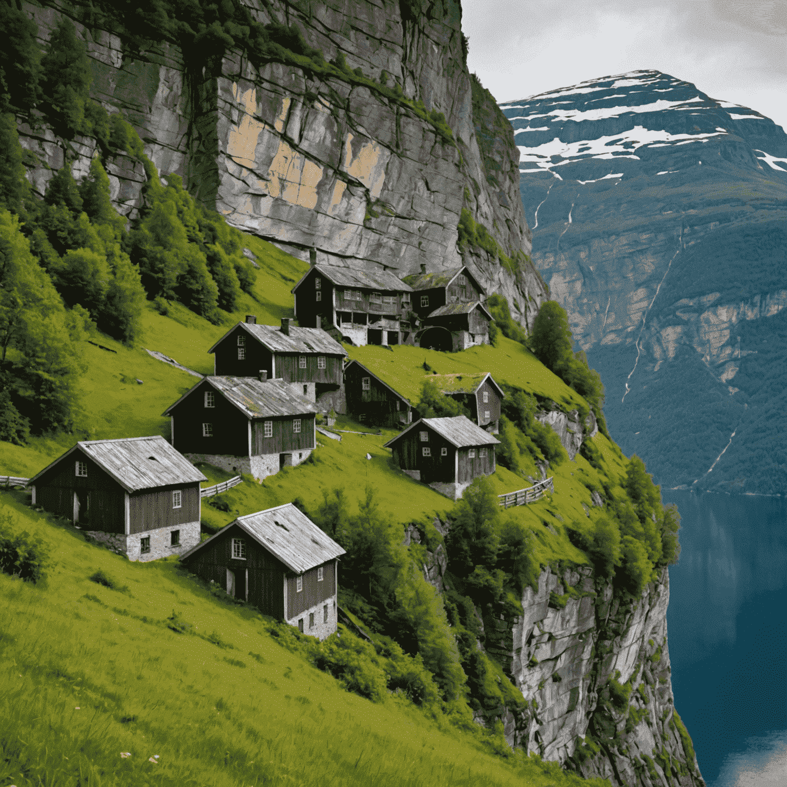 The abandoned Skageflå mountain farm clinging to the steep cliffs of the Geirangerfjord, a testament to the hardiness of the Norwegian farmers who once lived there.