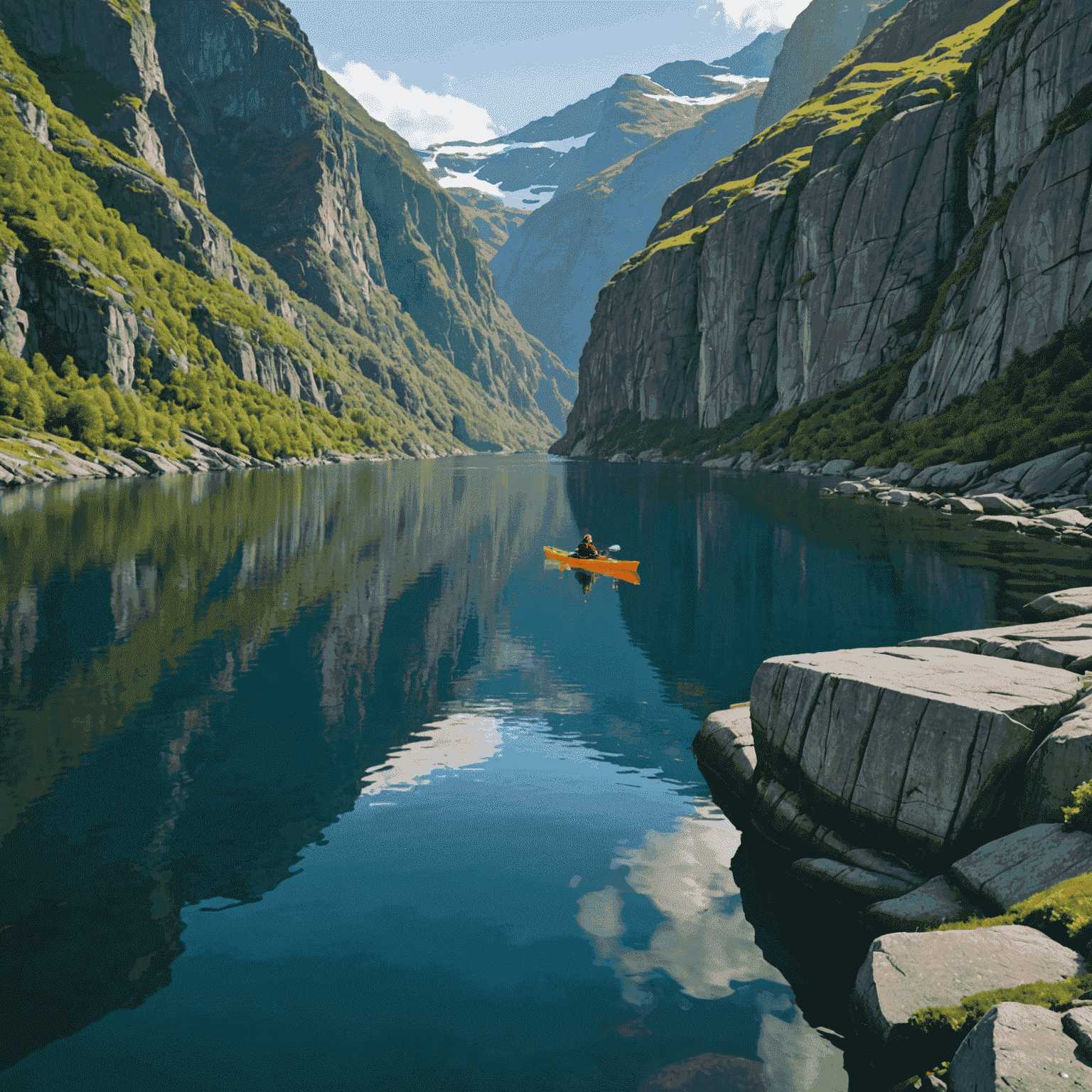 A solo kayaker paddling through calm, crystal-clear waters surrounded by steep, rocky cliffs in a Norwegian fjord.