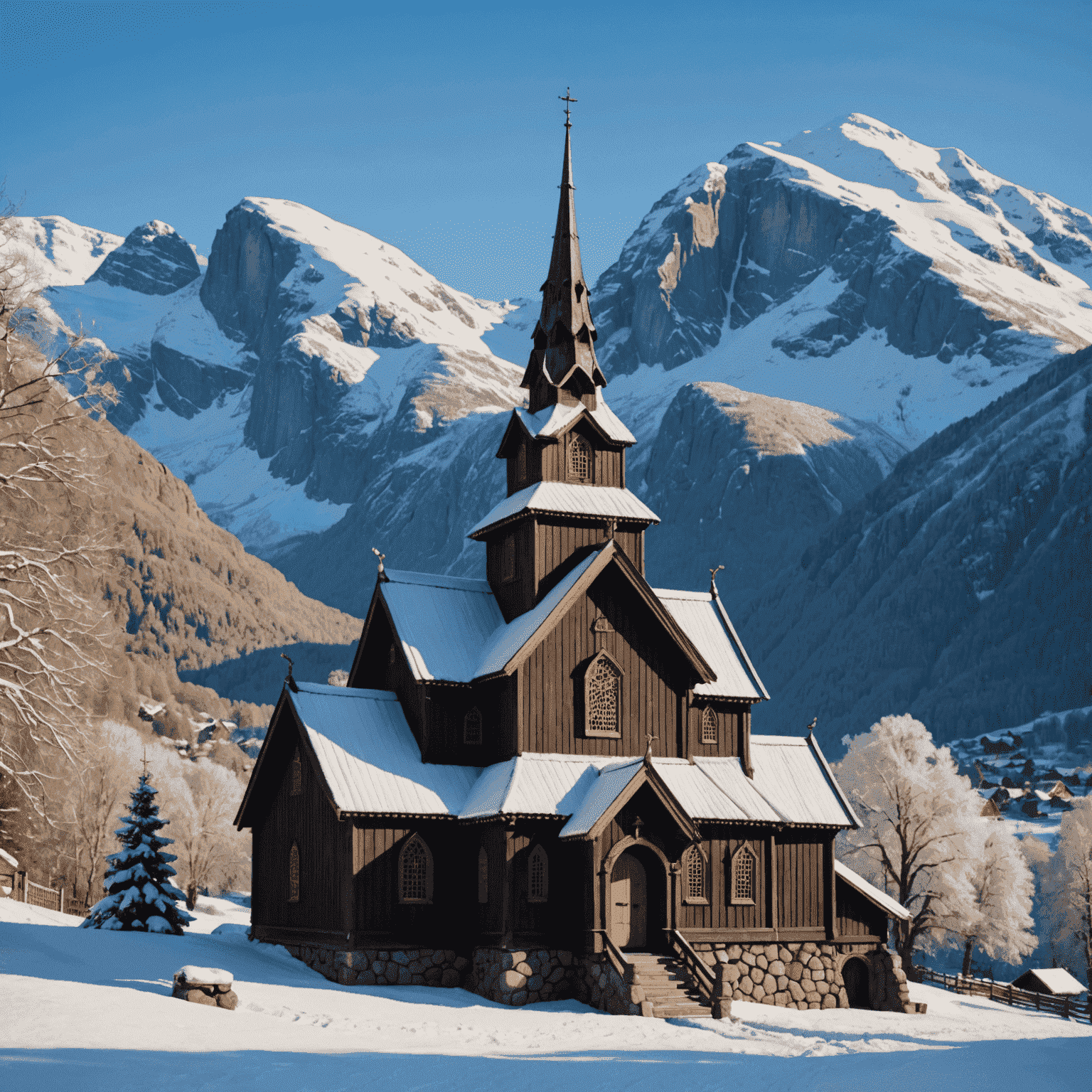 A traditional Norwegian stave church set against a backdrop of snow-capped mountains and a clear blue sky.