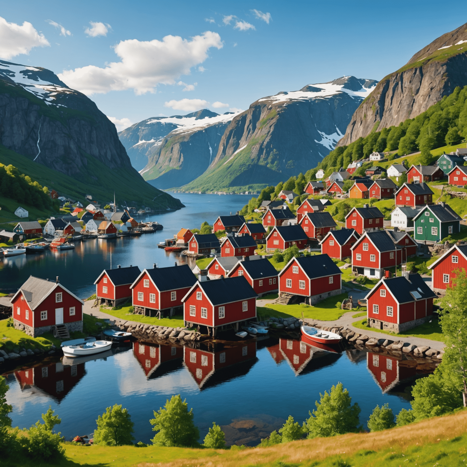 A charming, colorful Norwegian village with traditional wooden houses and a picturesque harbor, showcasing the rich cultural heritage of the region.