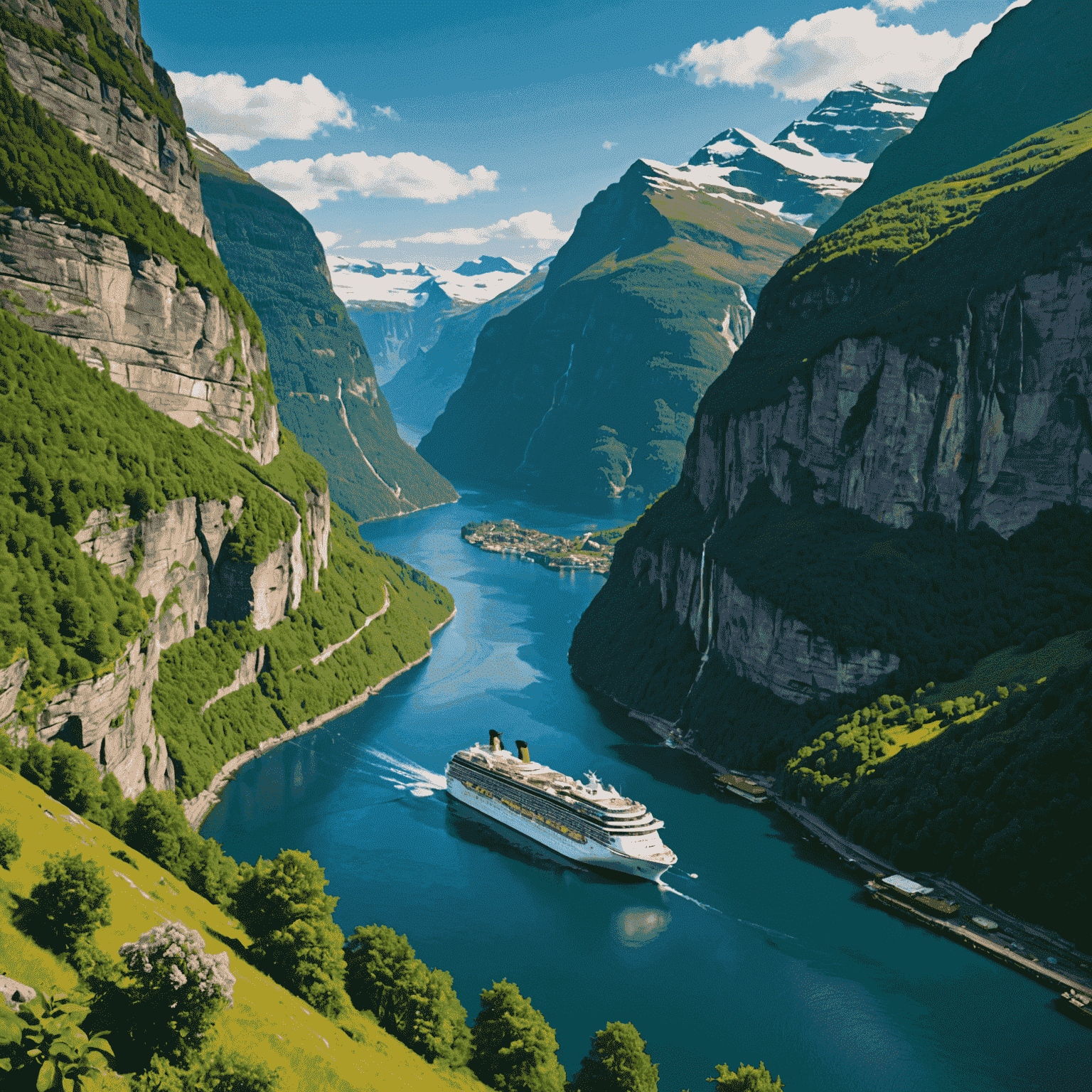 A cruise ship sailing through the majestic Geirangerfjord, surrounded by steep cliffs, waterfalls, and lush green vegetation.