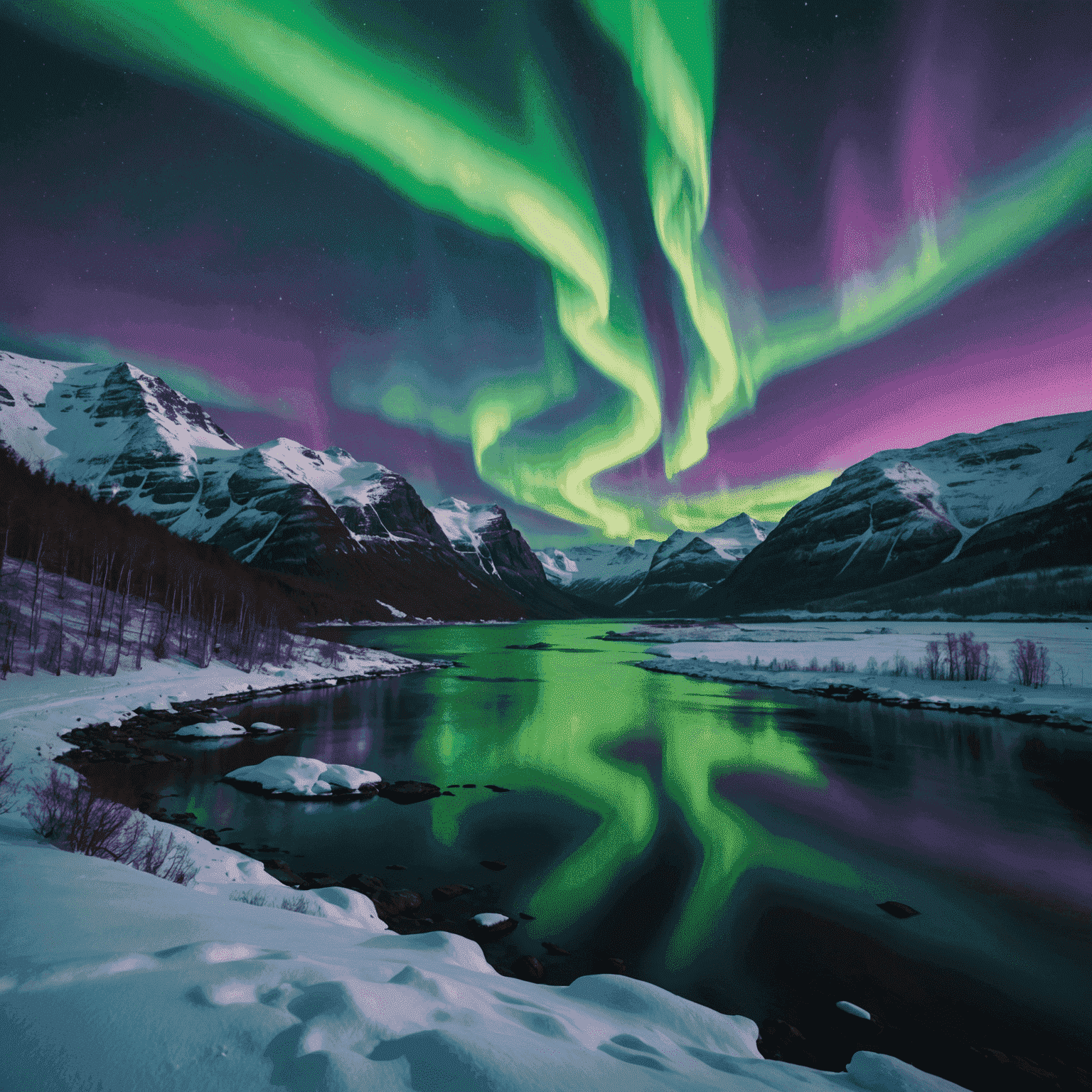 A mesmerizing display of the aurora borealis, with vibrant green and purple lights dancing across the dark night sky above a snowy Norwegian landscape.