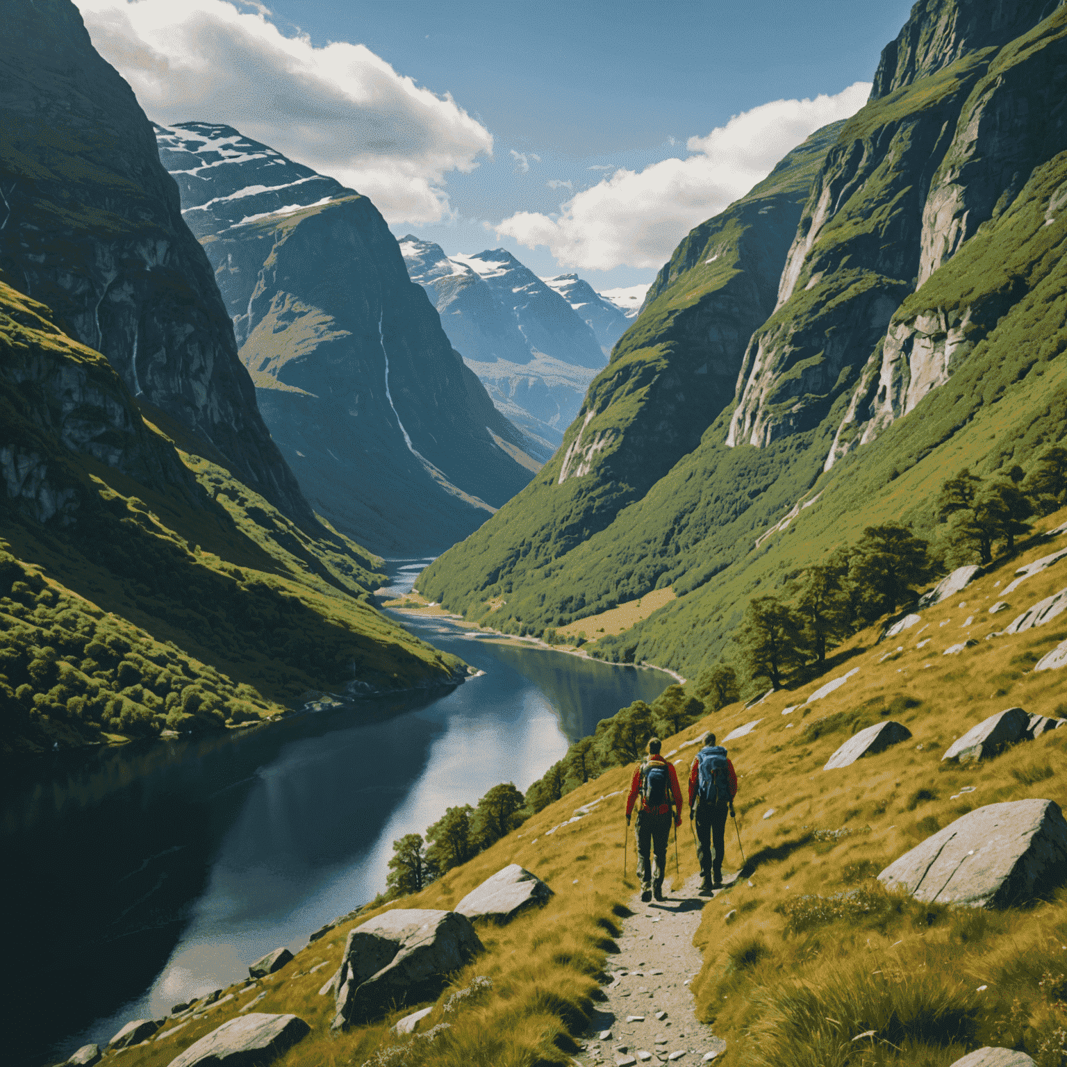 A group of hikers trekking through the pristine wilderness of Nærøyfjord, surrounded by towering mountains and lush vegetation.