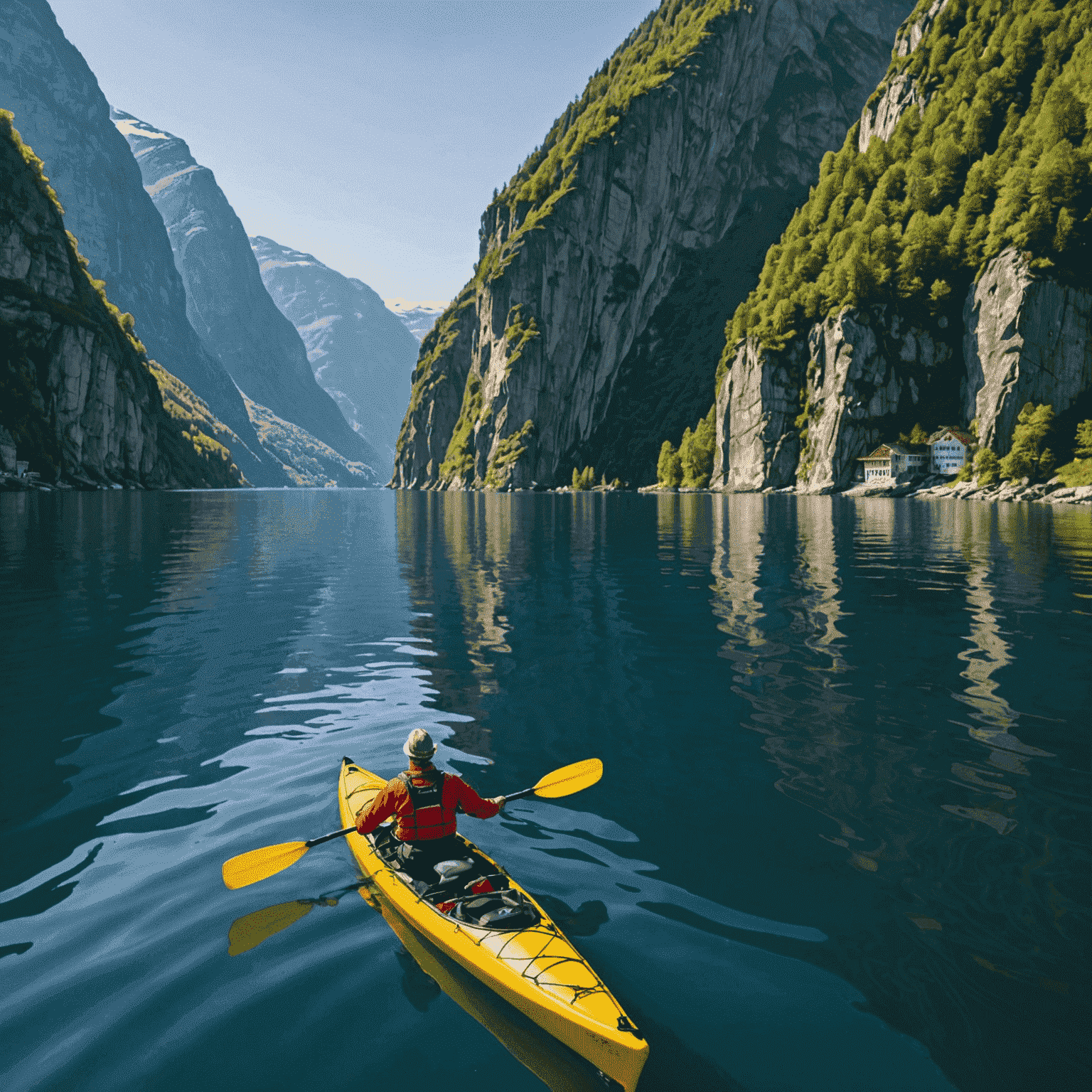 A kayaker paddling through the crystal-clear waters of Sognefjord, surrounded by towering cliffs and picturesque villages.